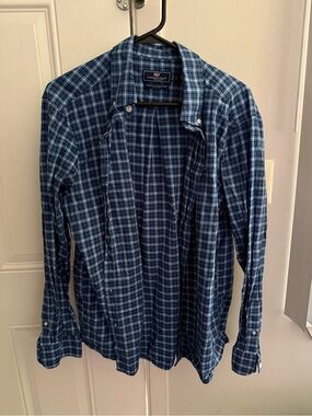 Vineyard Vines Men’s Navy and Light Blue Plaid Button-Down Shirt